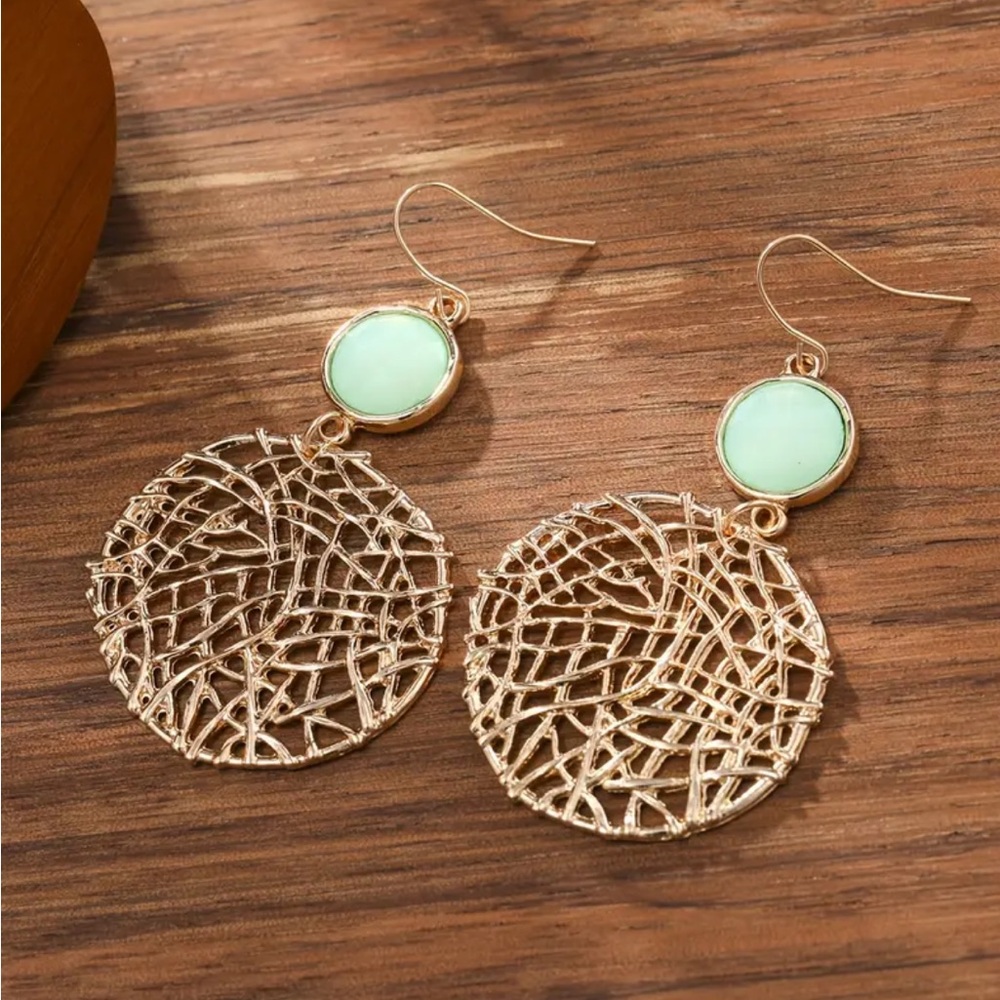Chic Gold and Mint Green Stone Dangle Earrings - Picture 2 of 6